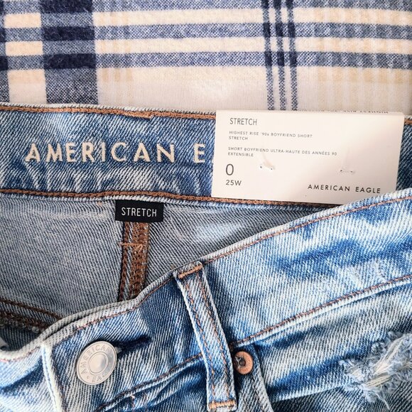 American Eagle Highest Rise 90s Boyfriend Distressed Denim Blue Wash Jean Shorts - Picture 8 of 11